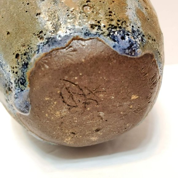 Art Pottery Vase, Flower Frog, Stoneware, Signed Studio Pottery, Blue Beige Pot - Picture 8 of 8